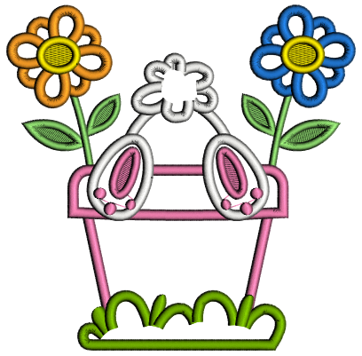 Bunny Upside Down In The Flower Pot Easter Applique Machine Embroidery Design Digitized Pattern