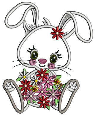 Bunny With Lots Of Flowers Easter Applique Machine Embroidery Design Digitized Pattern
