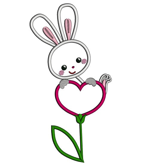 Bunny on a Heart Shaped Flower Applique Machine Embroidery Design Digitized Pattern
