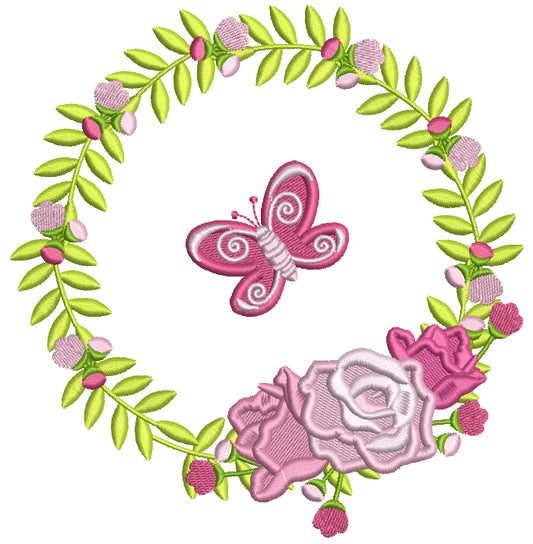 Butterfly Wreath With Flowers Filled Machine Embroidery Design Digitized Patterny