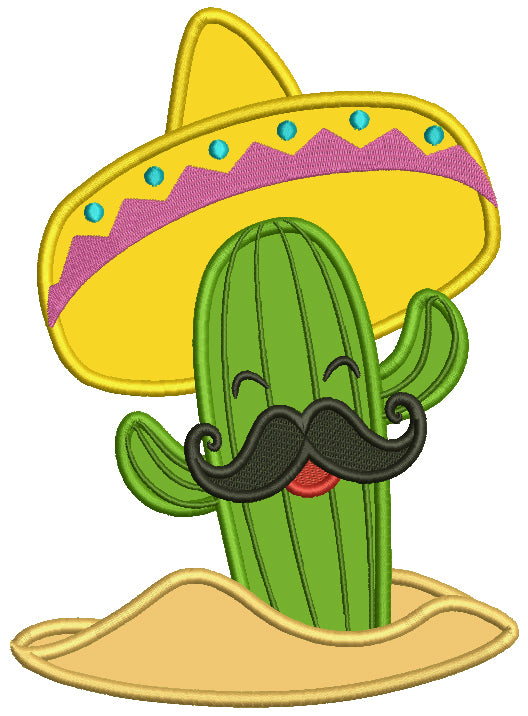 Cactus With Mustache Wearing Big Sombrero Hat Applique Cinco de Mayo Machine Embroidery Design Digitized Pattern