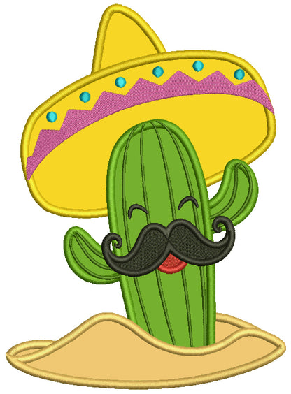 Cactus With Mustache Wearing Big Sombrero Hat Applique Cinco de Mayo Machine Embroidery Design Digitized Pattern