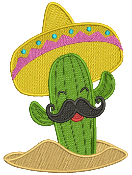 Cactus With Mustache Wearing Big Sombrero Hat Filled Cinco de Mayo Machine Embroidery Design Digitized Pattern