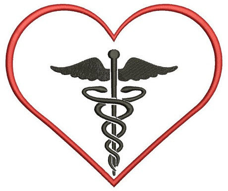 Caduceus inside Heart Medical Machine Embroidery Digitized Applique - Instant Download Pattern - 4x4 , 5x7, and 6x10 hoops, Nurses, Doctors