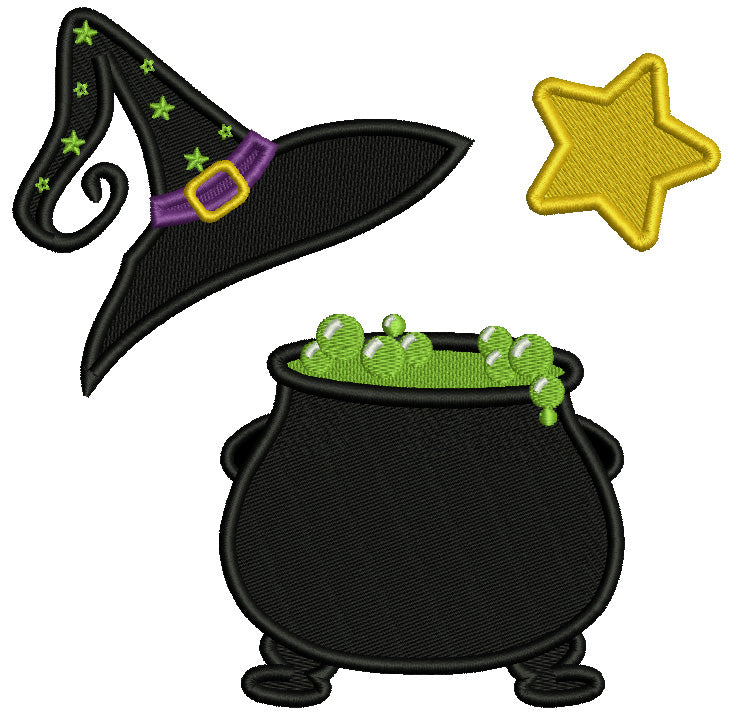 Caldring With a Big Witch's Hat And a Star Halloween Filled Machine Embroidery Design Digitized Pattern