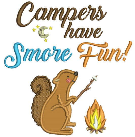 Campers Have Smore Fun Little Squirrel Applique Machine Embroidery Design Digitized Pattern