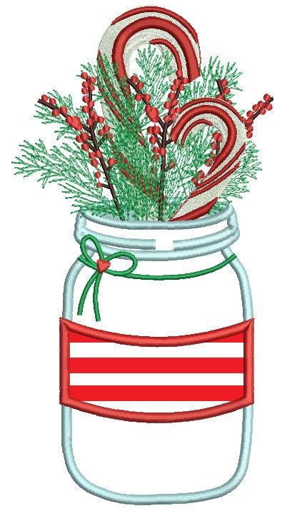 Candy Cane Jar Christmas Applique Machine Embroidery Design Digitized Pattern