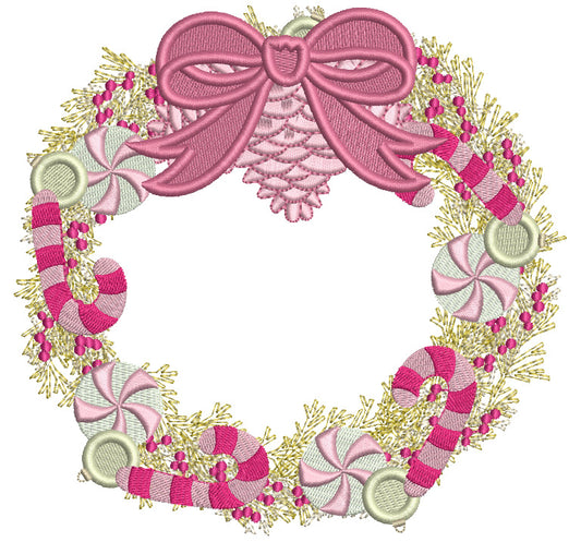 Candy Cane Wreath With Ribbon Christmas Filled Machine Embroidery Design Digitized Pattern