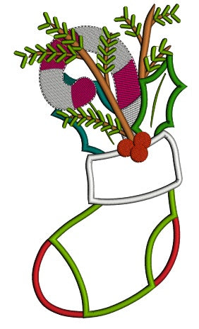 Candy Cane in a Christmas Stocking Applique Machine Embroidery Design Digitized Pattern