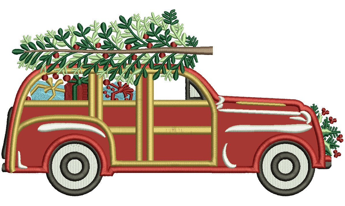 Car Full Of Presents With Christmas Tree On Top Applique Machine Embroidery Design Digitized Pattern Filled Machine Embroidery Design Digitized Pattern