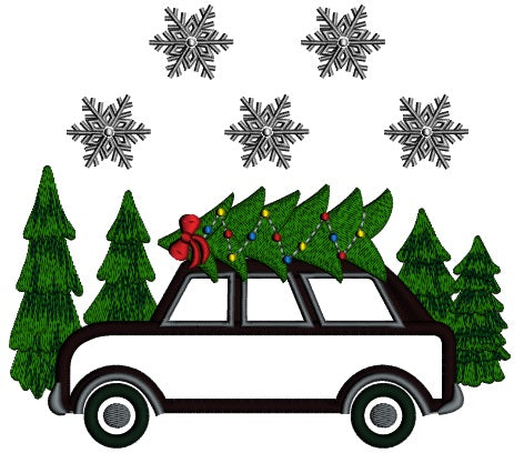 Car With a Christmas Tree On Top Applique Machine Embroidery Design Digitized Pattern