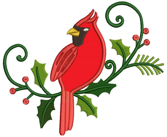 Cardinal Bird on a Green Branch Applique Machine Embroidery Digitized Design Pattern