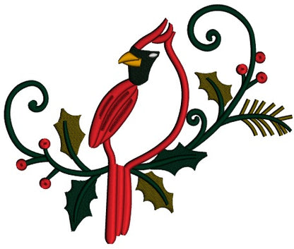 Cardinal Bird on a Green Branch Applique Machine Embroidery Digitized Design Pattern