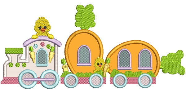 Carrot Easter Train With Little Chicks Applique Machine Embroidery Design Digitized Pattern