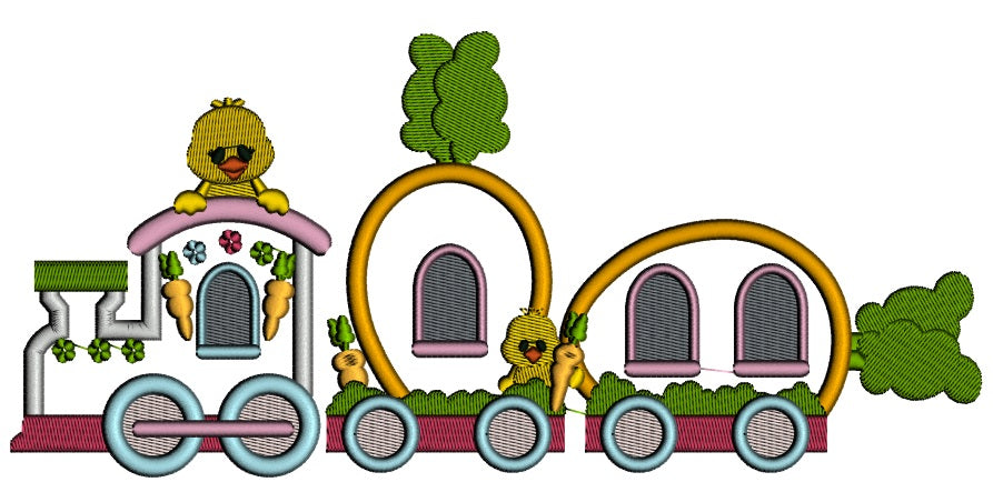 Carrot Easter Train With Little Chicks Applique Machine Embroidery Design Digitized Pattern