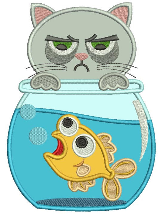 Cat Looking Inside a Fish Bowl Applique Machine Embroidery Design Digitized Pattern