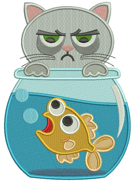 Cat Looking Inside a Fish Bowl Filled Machine Embroidery Design Digitized Pattern