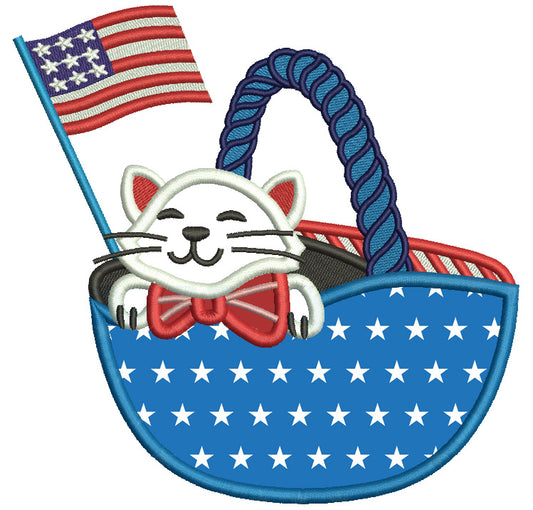 Cat Sitting In The Basket With American Flag Patriotic 4th Of July Applique Machine Embroidery Design Digitized Pattern