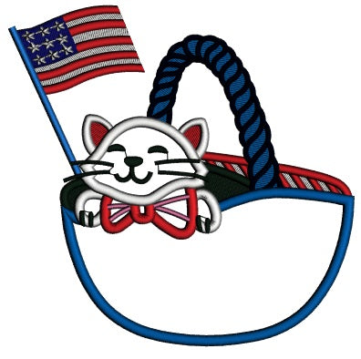 Cat Sitting In The Basket With American Flag Patriotic 4th Of July Applique Machine Embroidery Design Digitized Pattern