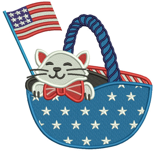 Cat Sitting In The Basket With American Flag Patriotic 4th Of July Filled Machine Embroidery Design Digitized Pattern
