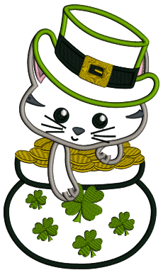 Cat Sitting In The Pot Of Gold St. Patricks Applique Machine Embroidery Design Digitized Pattern