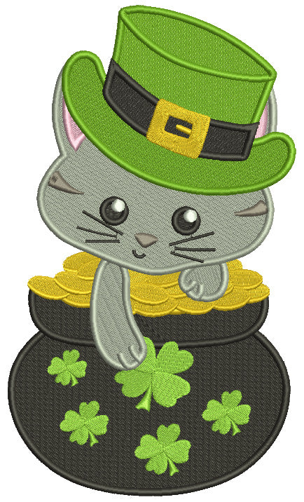 Cat Sitting In The Pot Of Gold St. Patricks Filled Machine Embroidery Design Digitized Pattern
