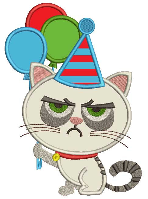 Cat That Looks Grumpy Holding Balloons Applique Machine Embroidery Design Digitized Pattern