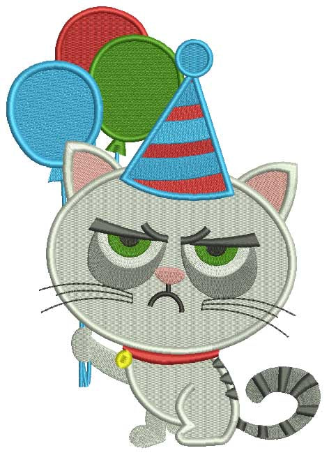 Cat That Looks Grumpy Holding Balloons Filled Machine Embroidery Design Digitized Pattern