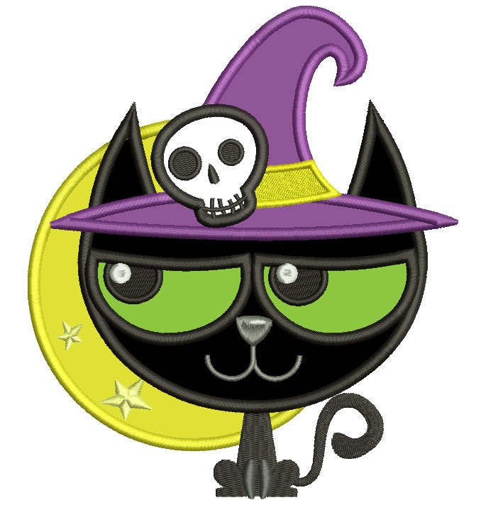 Cat on the Moon Wearing Witch's Hat Halloween Applique Machine Embroidery Digitized Design Pattern