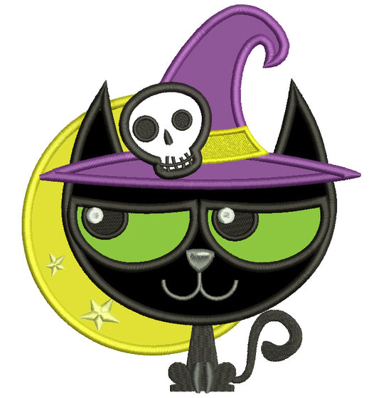 Cat on the Moon Wearing Witch's Hat Halloween Applique Machine Embroidery Digitized Design Pattern