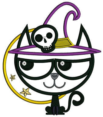 Cat on the Moon Wearing Witch's Hat Halloween Applique Machine Embroidery Digitized Design Pattern
