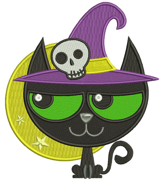 Cat on the Moon Wearing Witch's Hat Halloween Filled Machine Embroidery Digitized Design Pattern