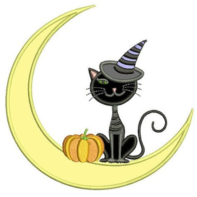 Cat on the moon Halloween Applique Machine Embroidery Digitized Design Pattern - Instant Download - 4x4 , 5x7, and 6x10