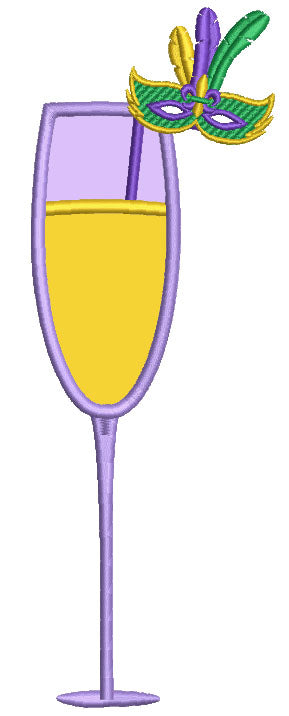 Champagne Glass With Mardi Gras Mask Applique Machine Embroidery Design Digitized Pattern