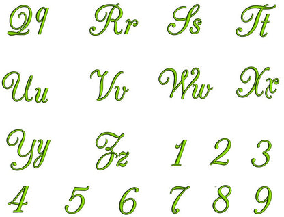 Champagne Satin Script Machine Embroidery Font Upper and Lower Case 1 2 3 inches