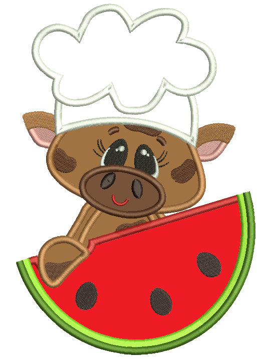 Chef Cow With a Watermelon Applique Machine Embroidery Design Digitized Pattern