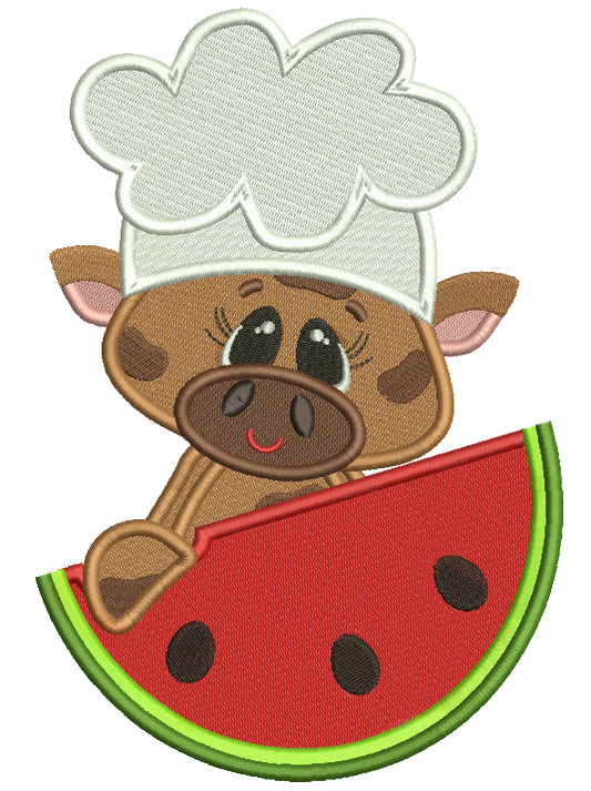 Chef Cow With a Watermelon Filled Machine Embroidery Design Digitized Pattern