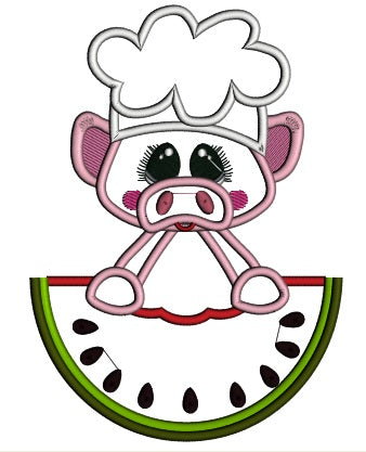 Chef Piggy Holding a Watermelon Applique Machine Embroidery Design Digitized Pattern