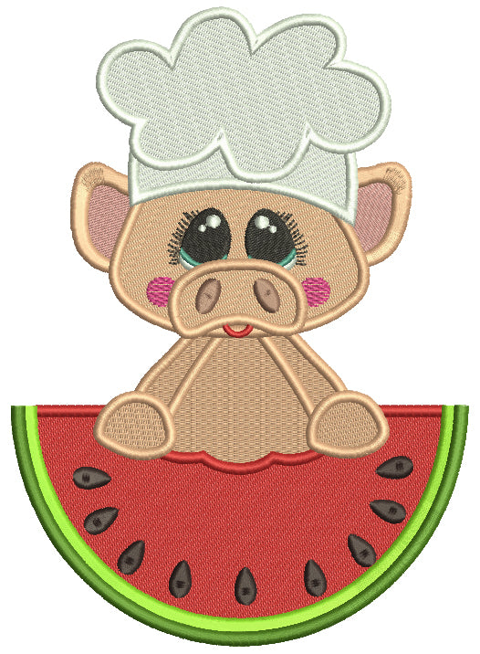 Chef Piggy Holding a Watermelon Filled Machine Embroidery Design Digitized Pattern