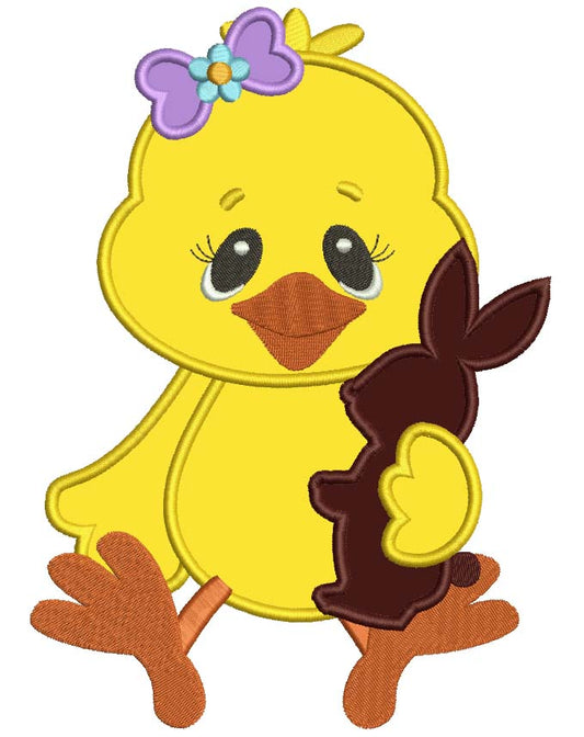 Chick Girl With Chocolate Easter Bunny Applique Machine Embroidery Digitized Design Pattern
