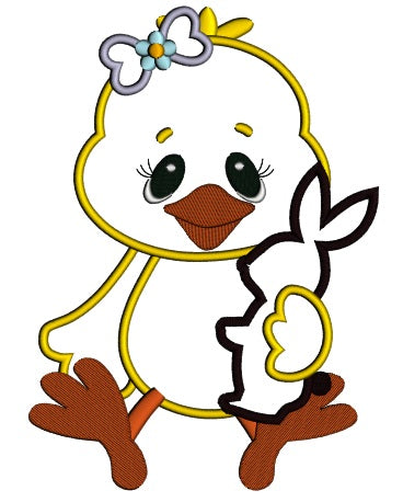 Chick Girl With Chocolate Easter Bunny Applique Machine Embroidery Digitized Design Pattern