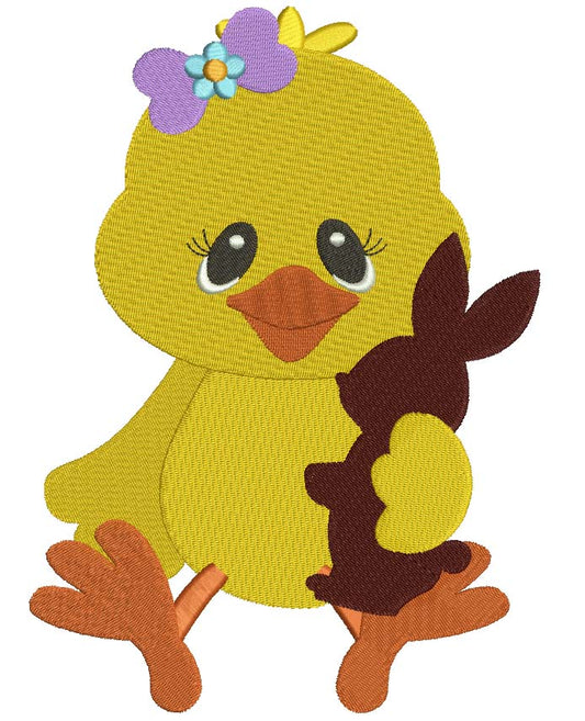 Chick Girl With Chocolate Easter Bunny Filled Machine Embroidery Digitized Design Pattern