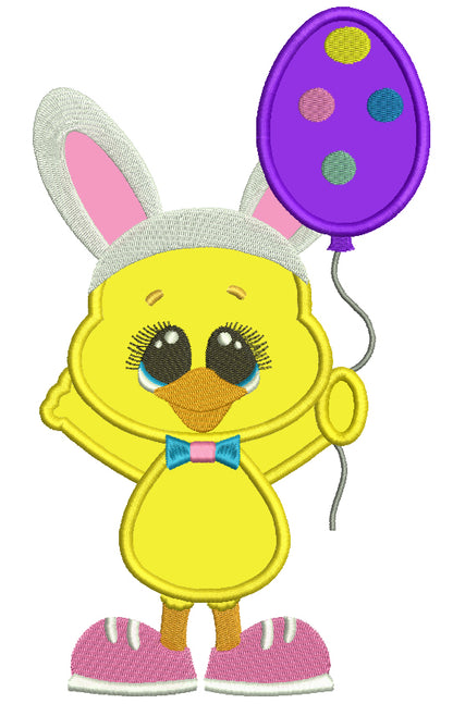 Chick Wearing Bunny Ears Holding Balloon Easter Applique Machine Embroidery Design Digitized Pattern