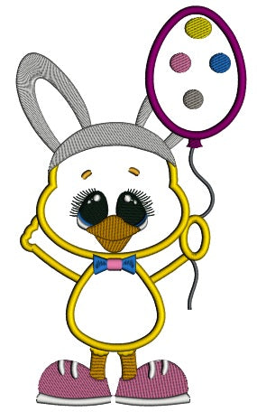 Chick Wearing Bunny Ears Holding Balloon Easter Applique Machine Embroidery Design Digitized Pattern