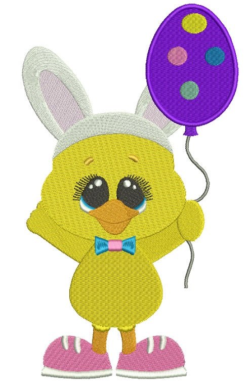 Chick Wearing Bunny Ears Holding Balloon Easter Filled Machine Embroidery Design Digitized Pattern