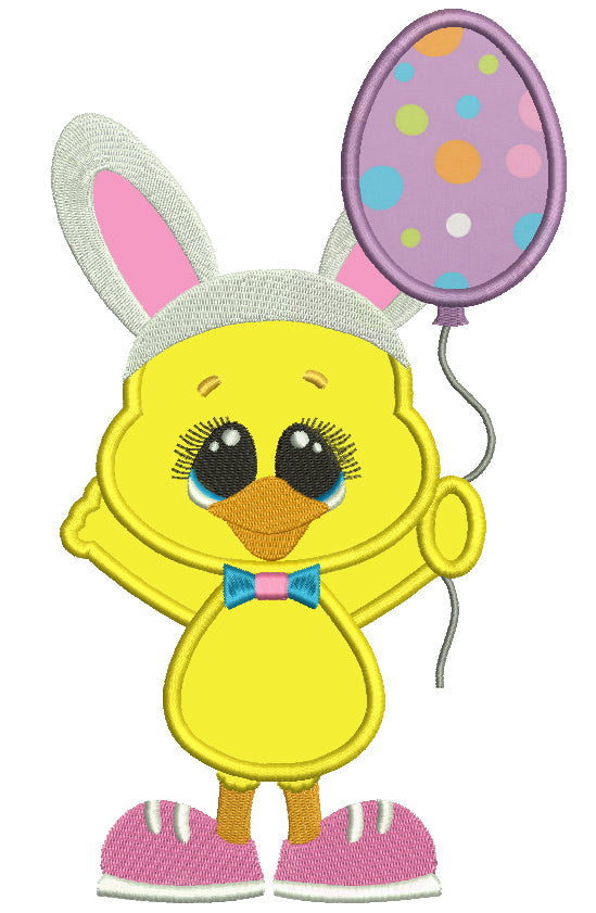 Chick Wearing Bunny Ears Holding Cute Balloon Easter Applique Machine Embroidery Design Digitized Pattern