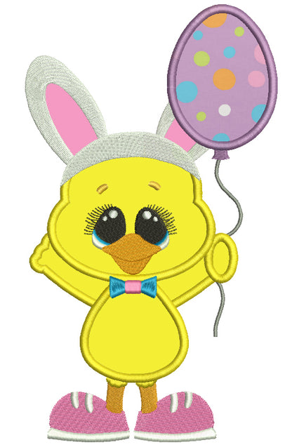 Chick Wearing Bunny Ears Holding Cute Balloon Easter Applique Machine Embroidery Design Digitized Pattern