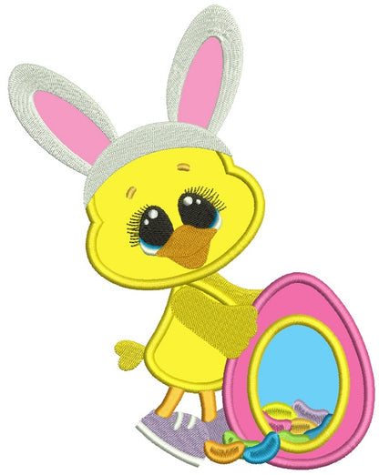 Chick Wearing Bunny Ears and Holding an Egg Easter Applique Machine Embroidery Design Digitized Pattern