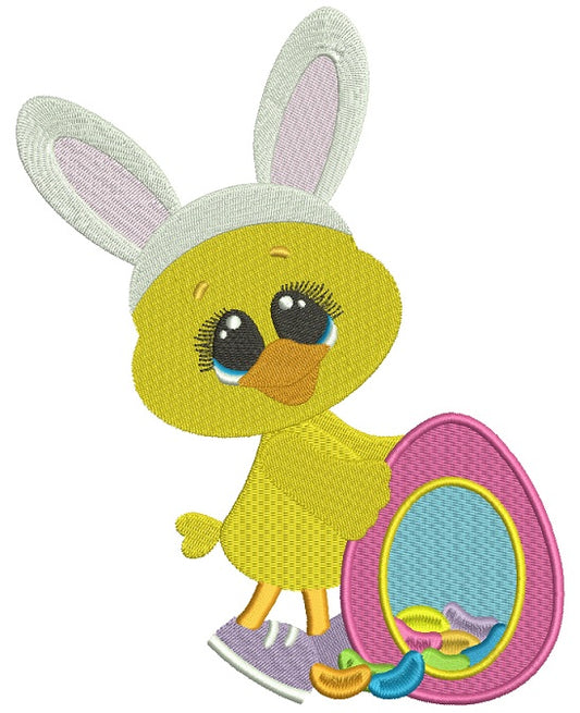 Chick Wearing Bunny Ears and Holding an Egg Easter Filled Machine Embroidery Design Digitized Pattern