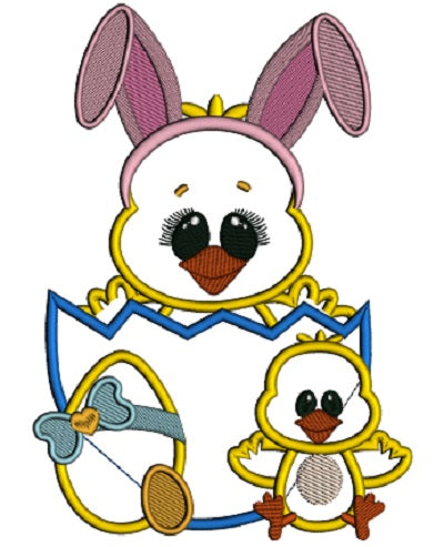 Chick With Big Bunny Ears Sitting Inside Easter Egg Applique Machine Embroidery Design Digitized Pattern
